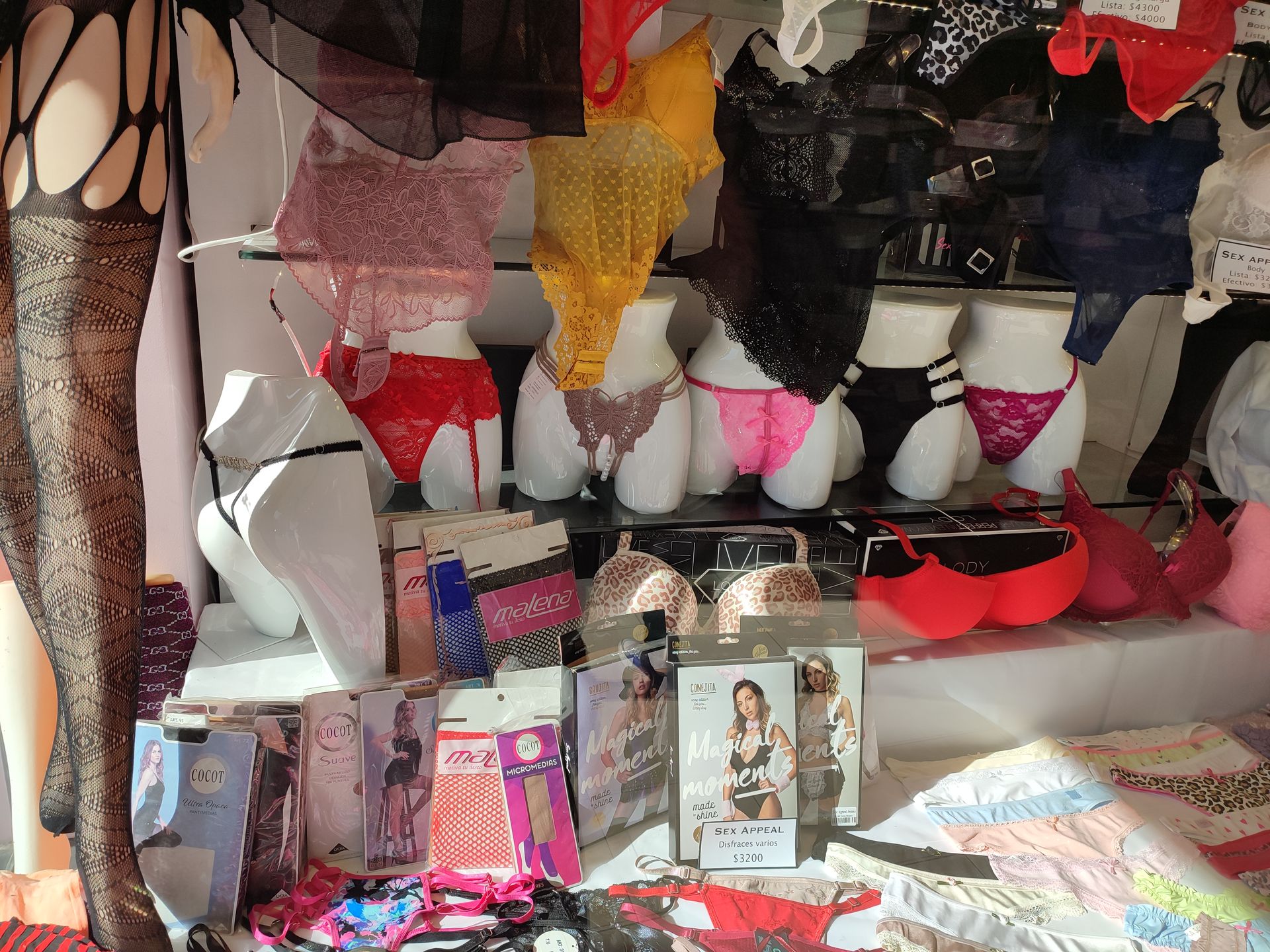 Exhibición de lencería: diversos sujetadores, bragas y medias de colores sobre maniquíes y estantes.