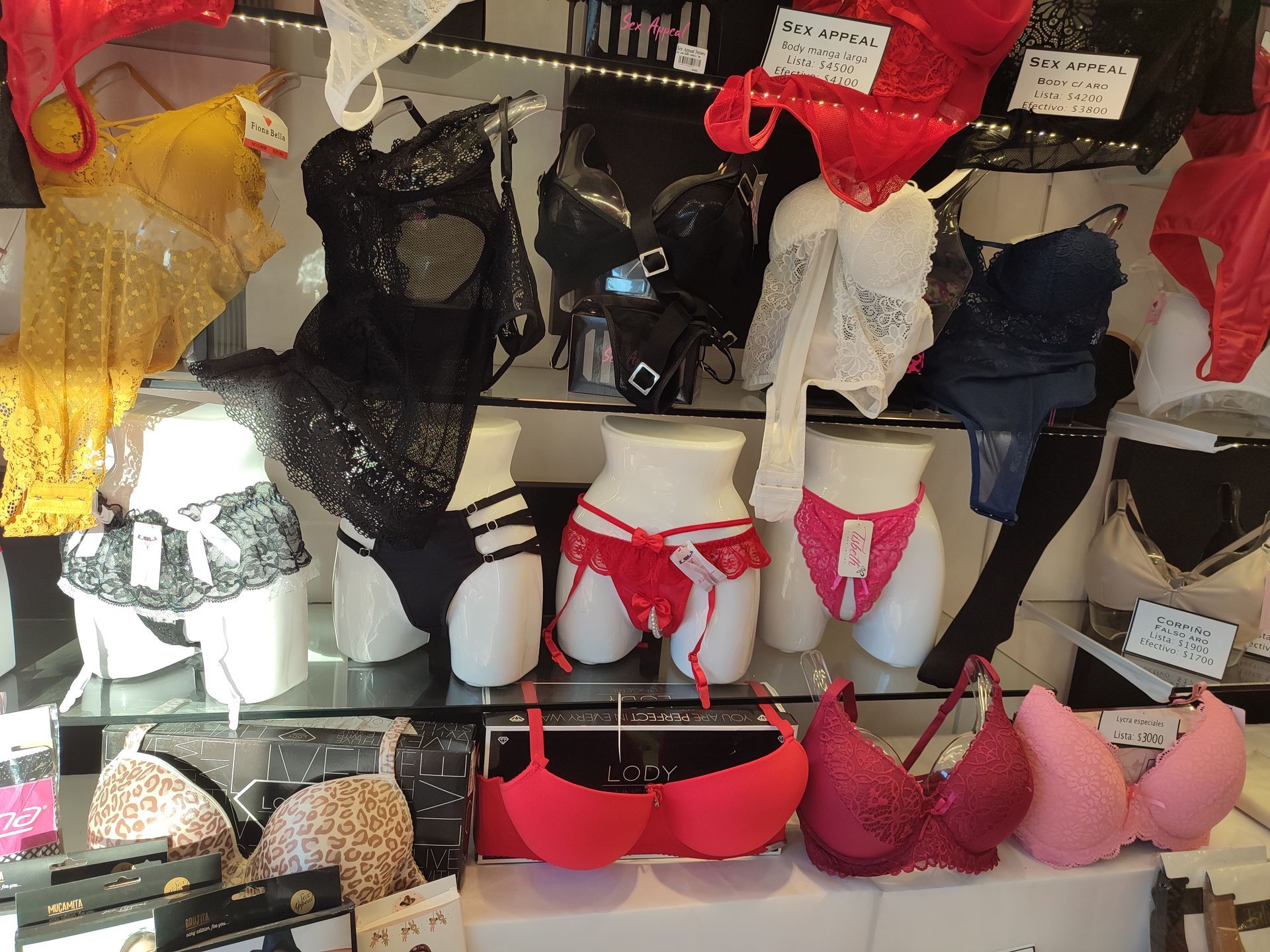 Exhibición de lencería en escaparate con sujetadores, bragas y otras prendas interiores en varios colores y estilos.