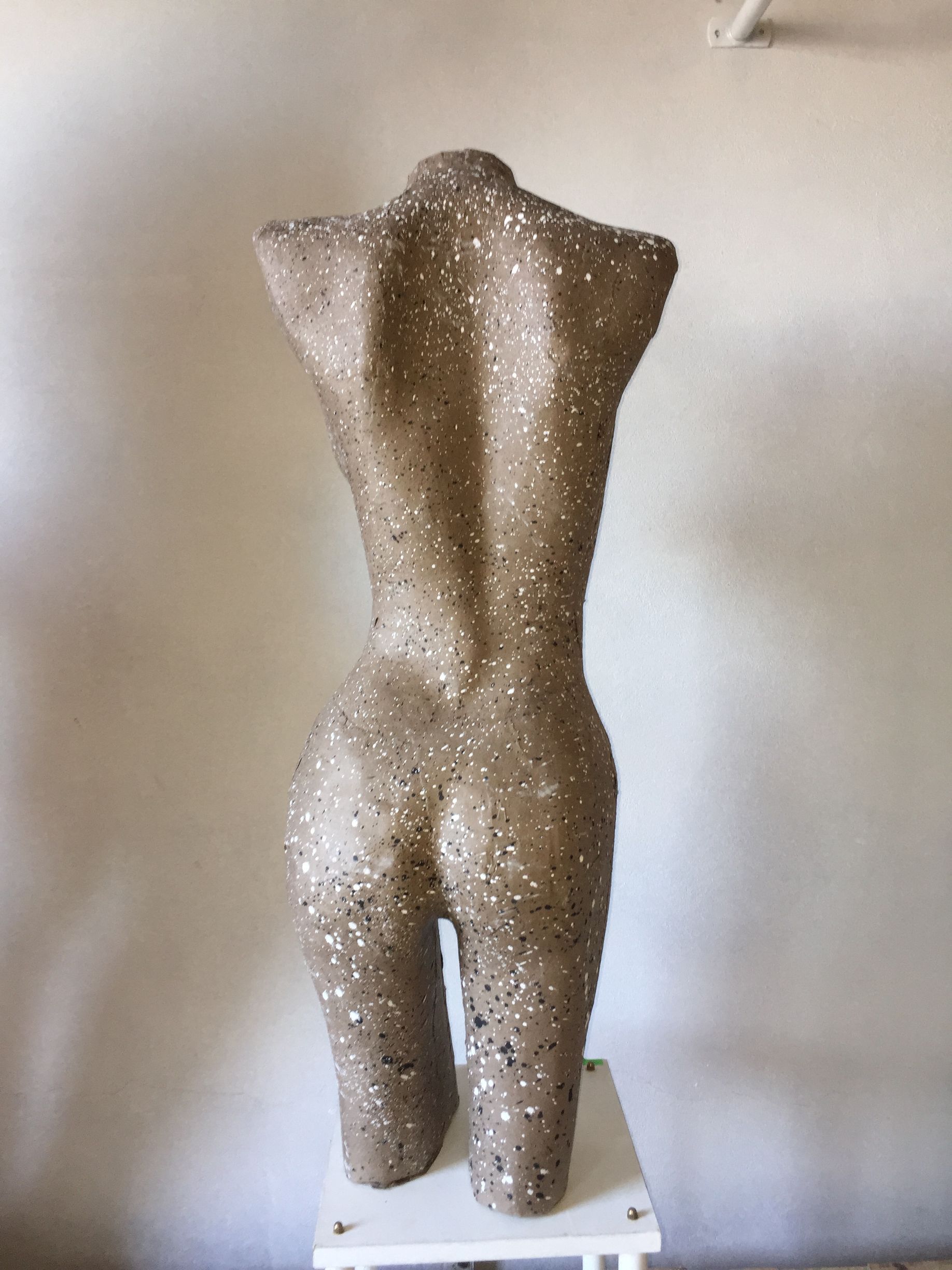 Escultura de torso, vista posterior. Superficie beige texturizada con motas oscuras. Expuesta sobre una base blanca.
