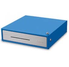 Cajón registrador de color azul y plata.