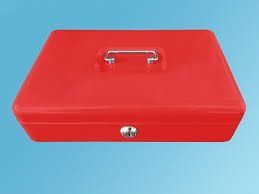 Caja de caudales rectangular de color rojo, con asa y cerradura.