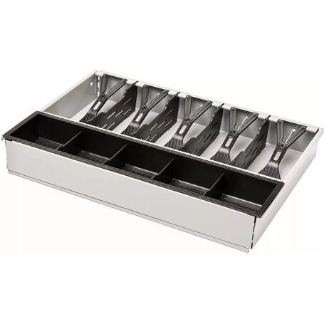 Inserto de caja registradora con compartimentos para monedas y billetes.