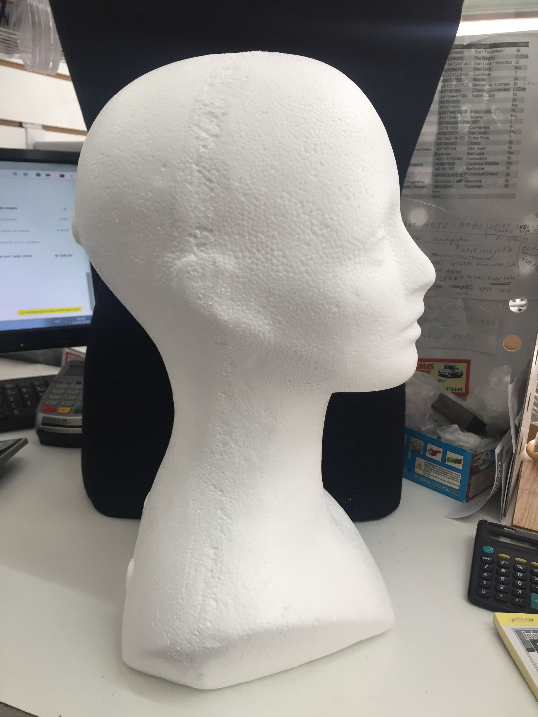 Cabeza de maniquí de espuma blanca sobre un escritorio, vista de perfil.