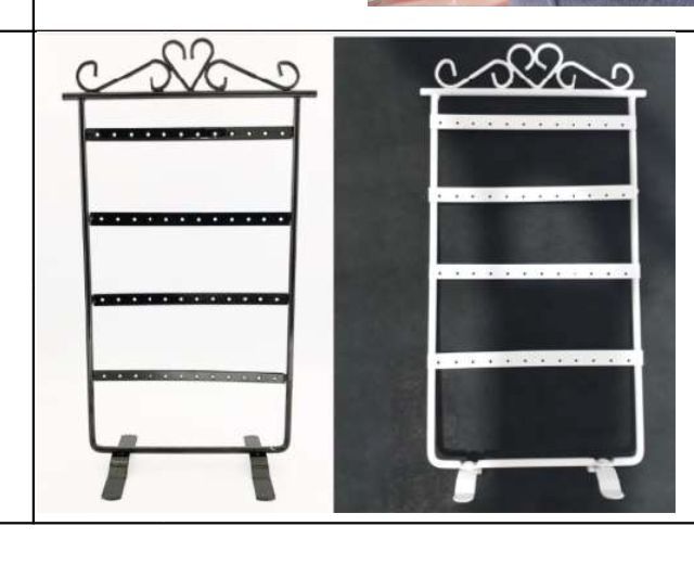 Dos expositores de pendientes de metal, uno negro y otro blanco, cada uno con varias filas de agujeros.