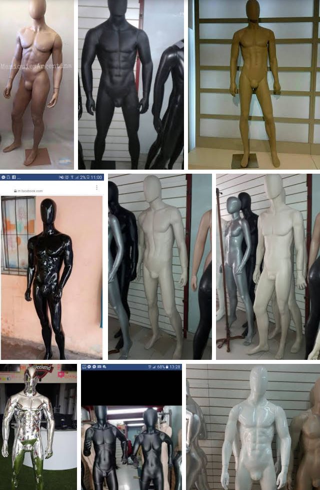 Un collage de maniquíes masculinos en diversas poses y acabados.