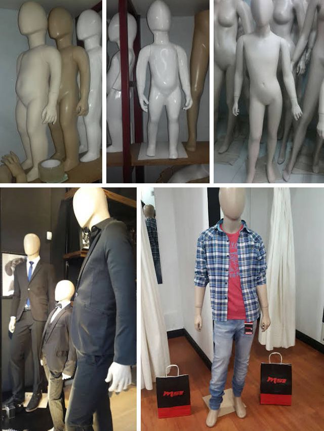 Maniquíes en diversas poses y entornos: tienda, estantería y expositor. La mayoría están desnudos, algunos vestidos.