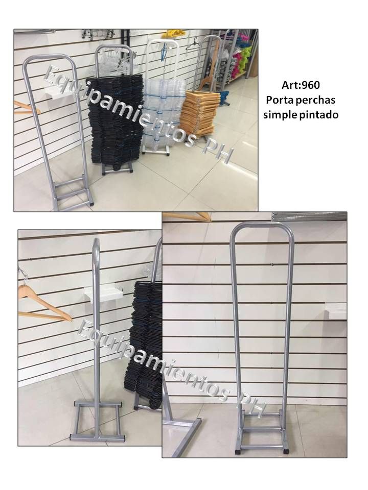 Perchero de metal, color plata, con base rectangular y asa alta.