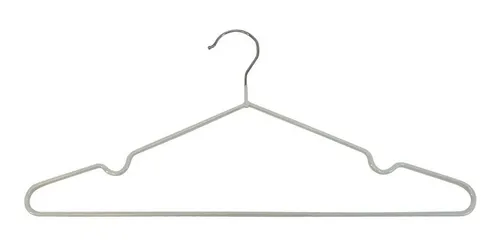 Percha de ropa de alambre gris sobre fondo blanco.