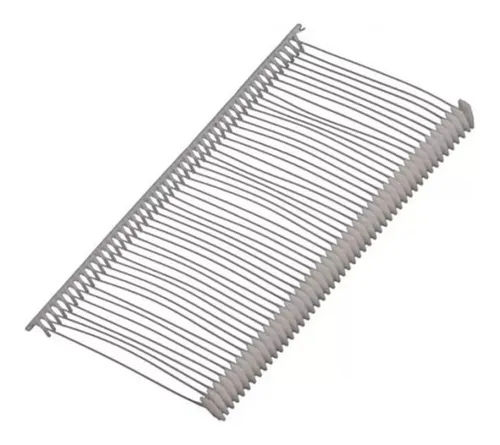 Sujetadores de etiquetas de plástico gris conectados en fila.