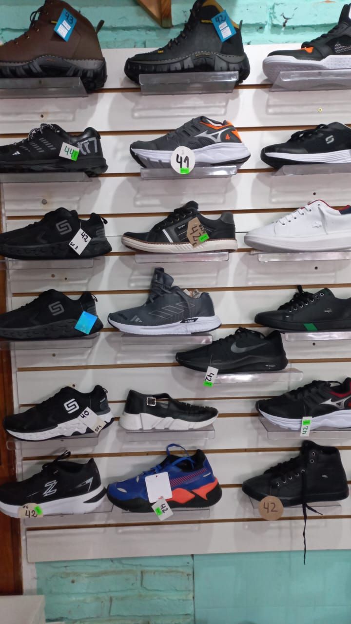 Estanterías que muestran diversas zapatillas en una zapatería, de varios colores y estilos.