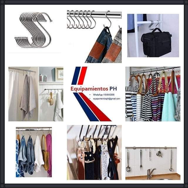 Ganchos en forma de S y barras para colgar variados, que muestran soluciones de almacenamiento para ropa y accesorios.