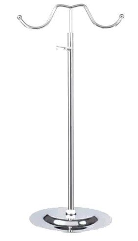 Expositor de bolsos cromado, altura ajustable, con dos brazos curvos para sujetar bolsos. Base redonda.