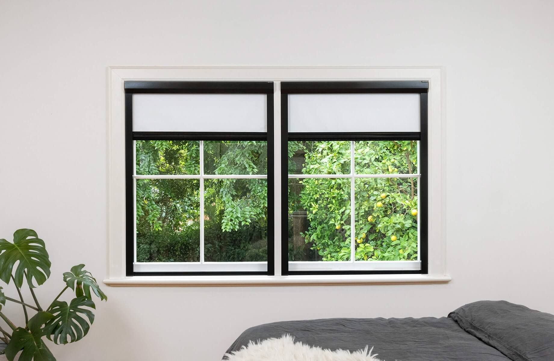 Black frame and white fabric full blackout blinds for dual narrow windows, inside installation.