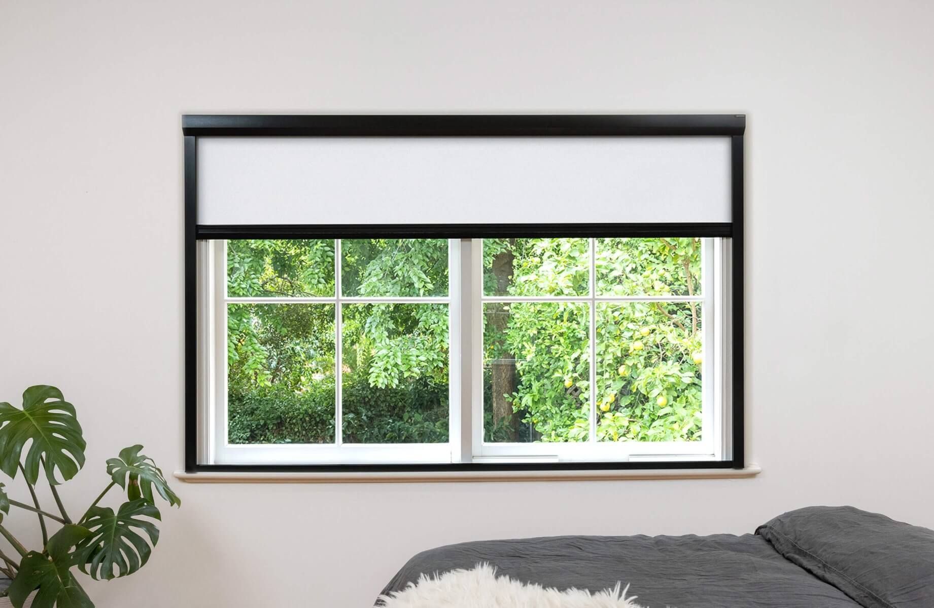 Black frame and white fabric full blackout blinds installed on a wide window, outside installation.