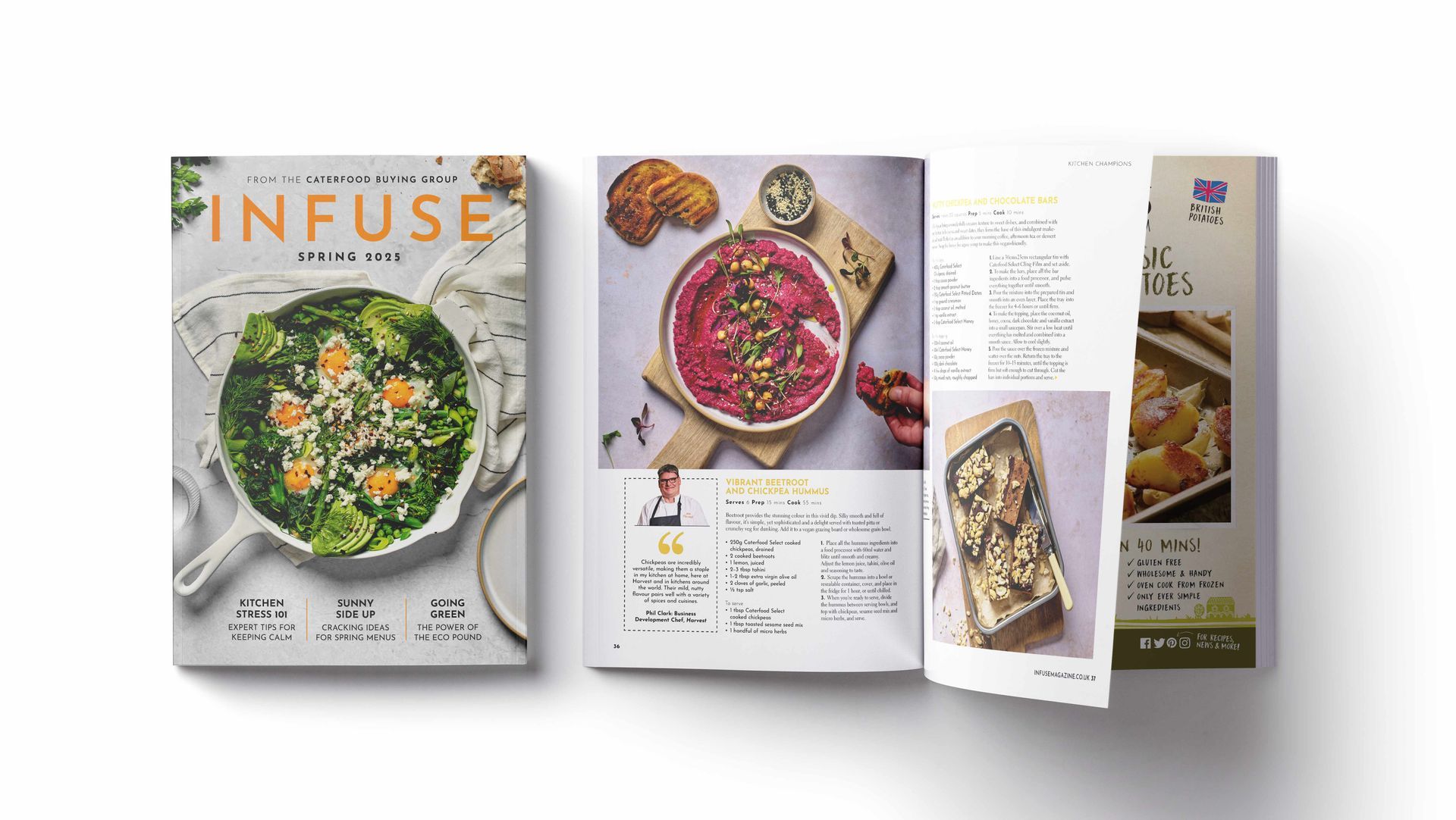 Front cover and inside pages of a spring foodie magazine featuring spring green baked eggs and purple chickpea and beetroot hummus 