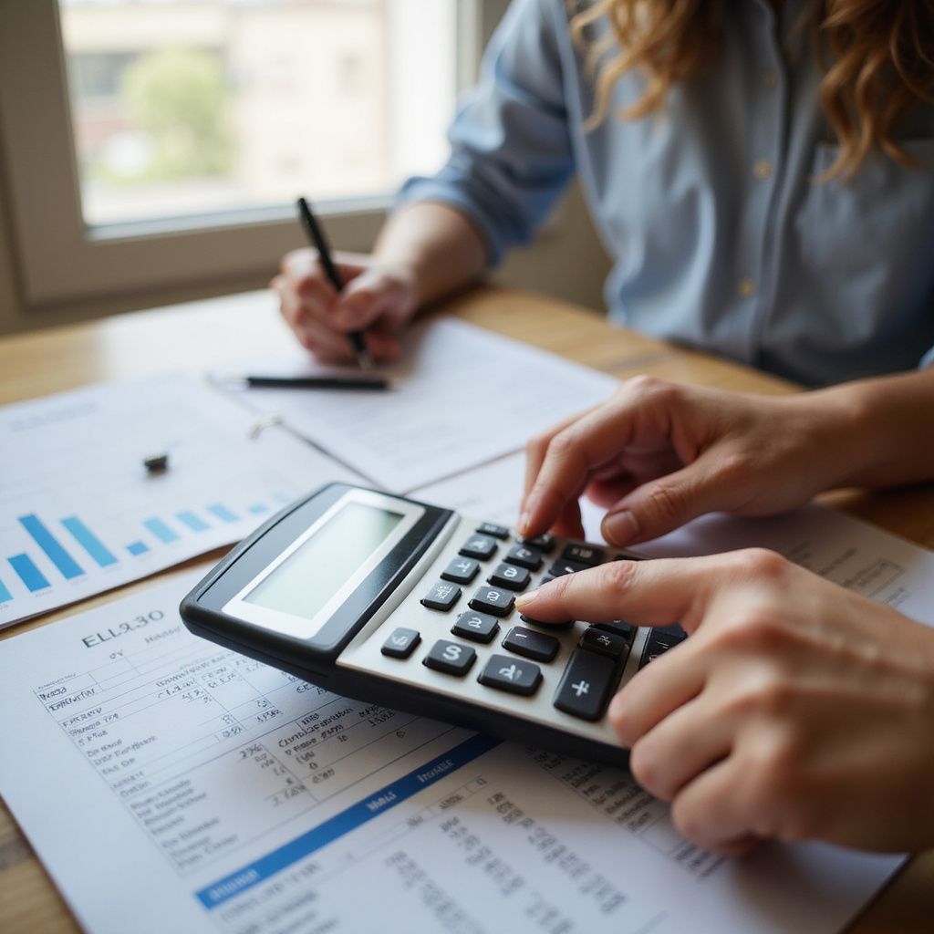 Woman using a calculator, reviewing documents, and writing with a pen at a wooden table.