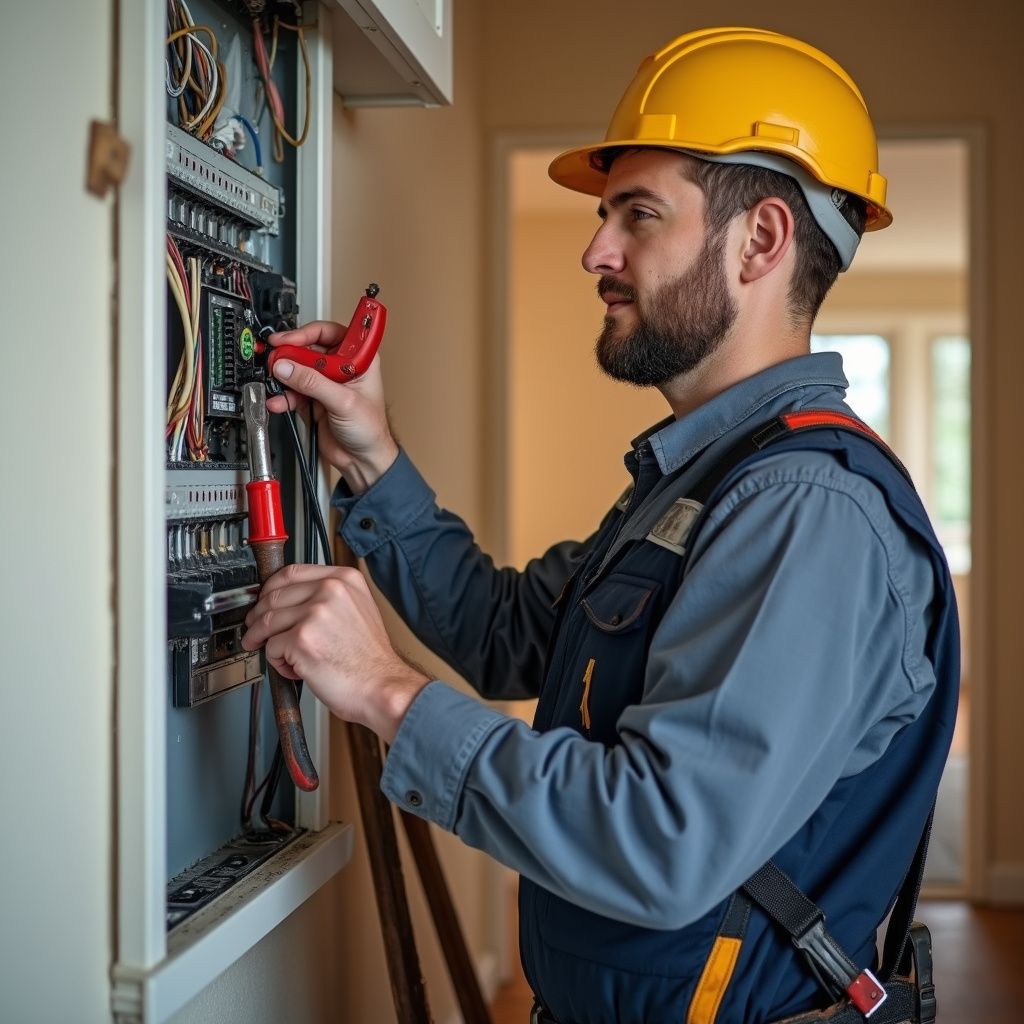 Electrician wearing a yellow hard hat working on an electrical panel in a home.