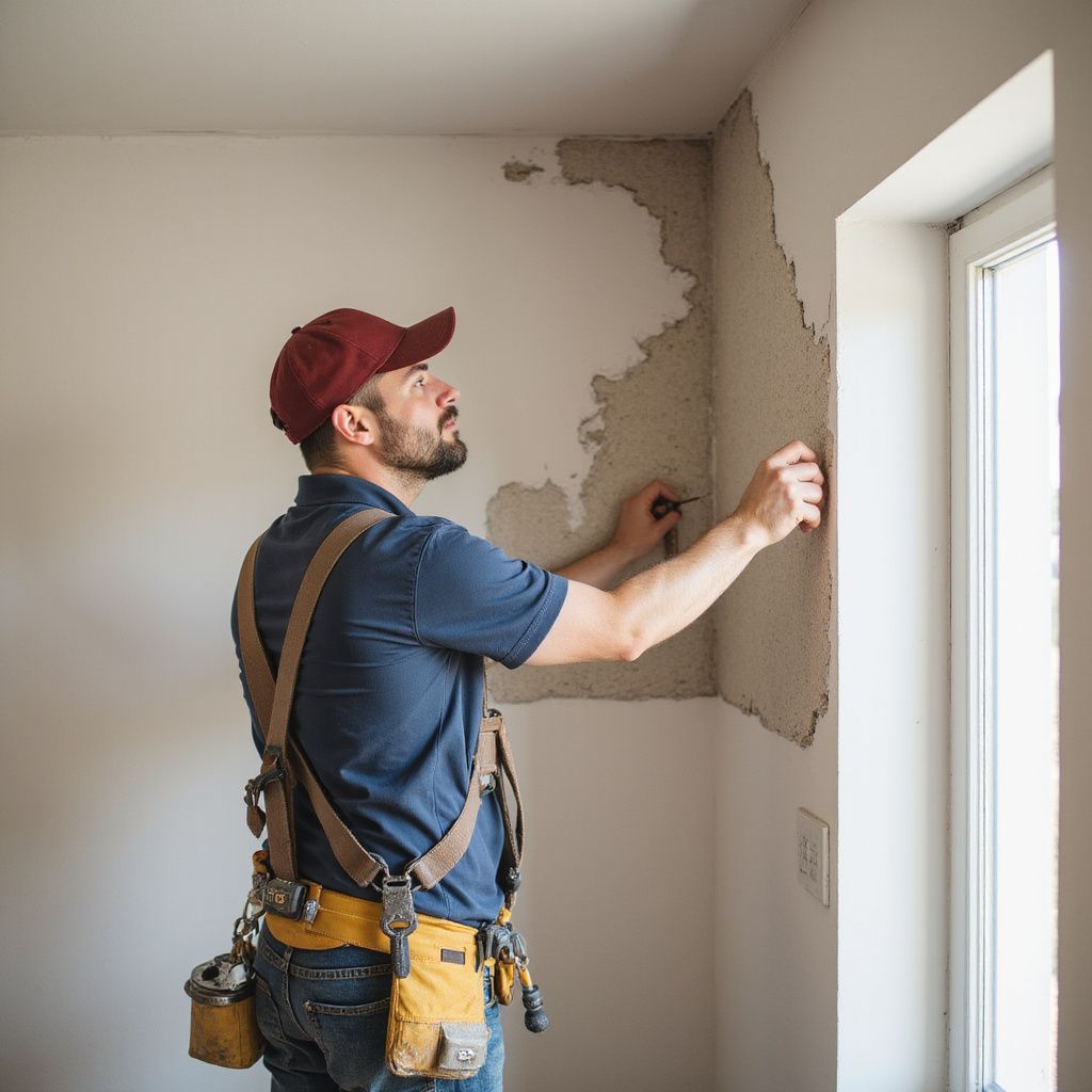Man in work clothes repairing wall corner, holding tool.