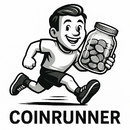 Cartoon boy running, holding jar of coins. Smiling, black and white logo: COINRUNNER.
