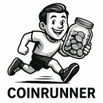 Cartoon boy running, holding jar of coins. Smiling, black and white logo: COINRUNNER.