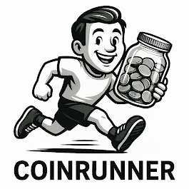 Cartoon boy running, holding jar of coins. Smiling, black and white logo: COINRUNNER.