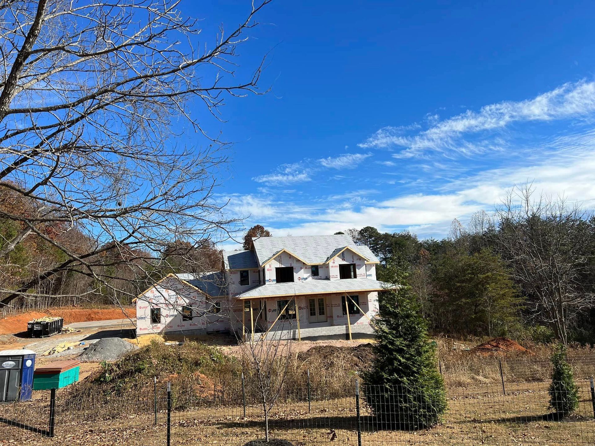 A house is being built in the middle of a field.