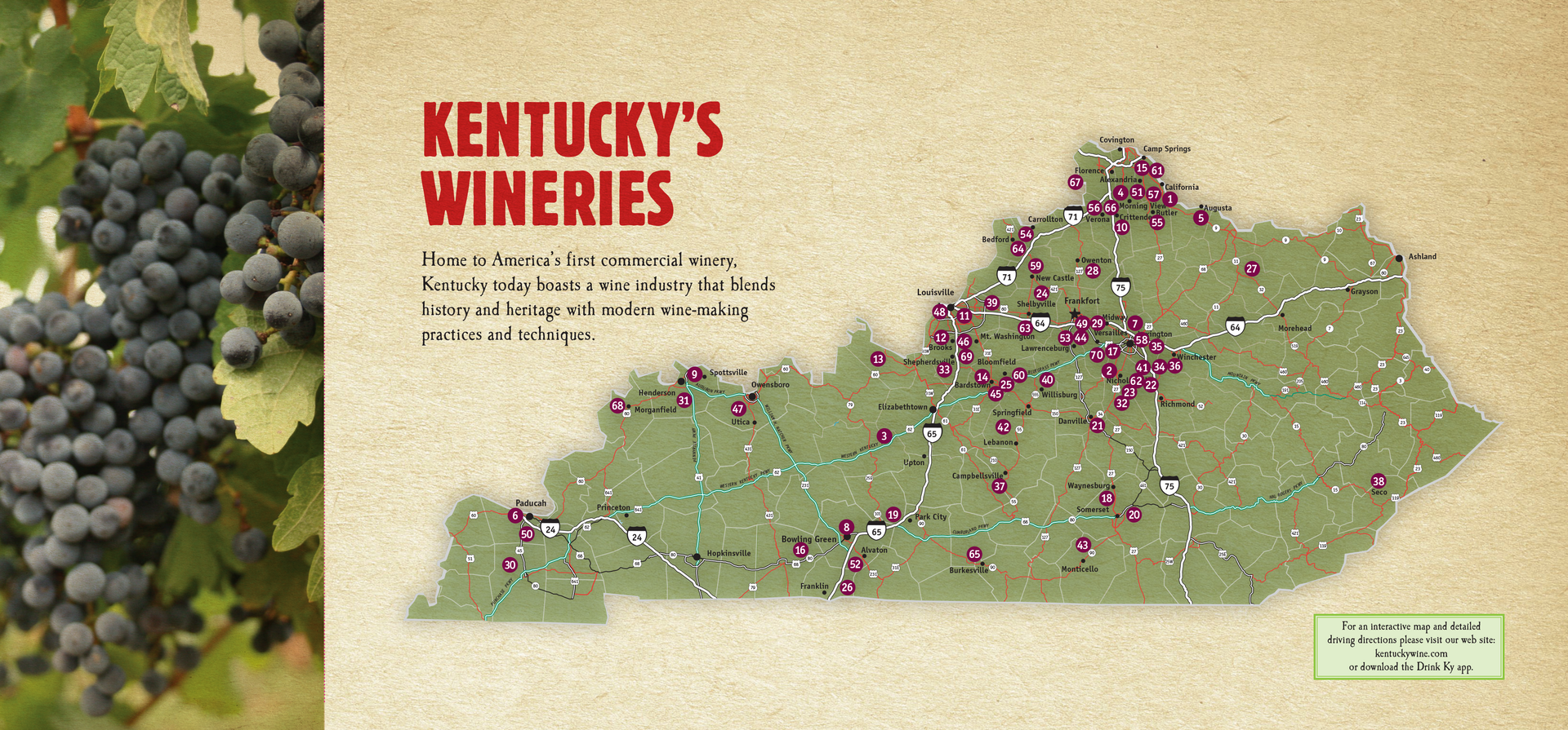Brochure with a map of Kentucky 's wineries