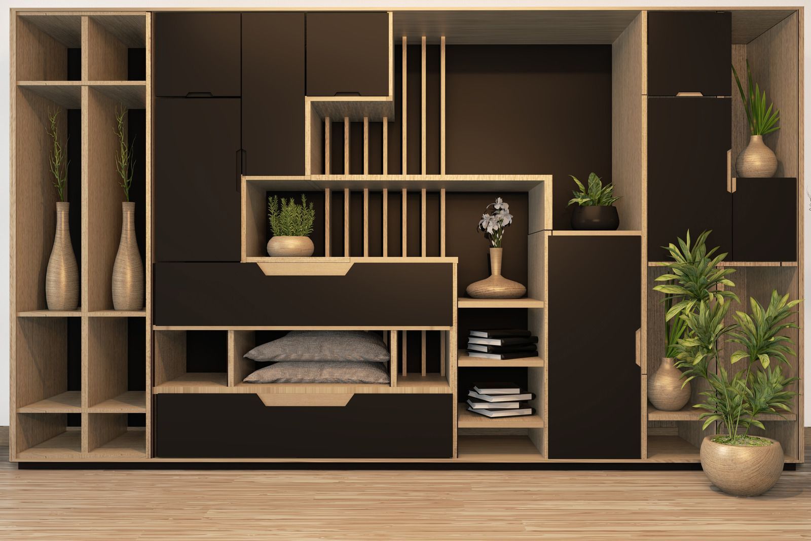 Modern black and tan storage unit with shelves and decorative plants.