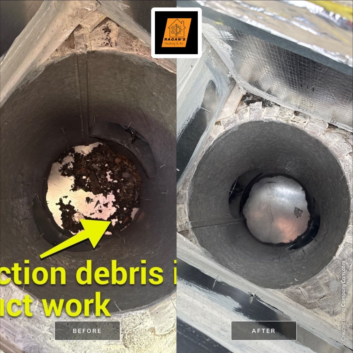 Two photos: duct before and after cleaning. Before, debris sits inside. After, duct is clean.