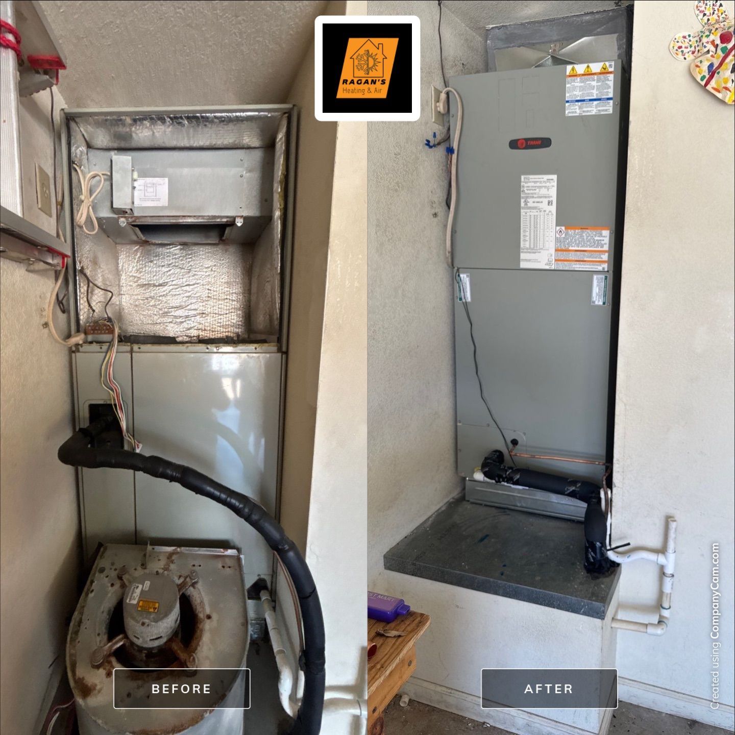 Before/after comparison of an air conditioning unit. The “before” shows a dirty, older unit. The “after” shows a clean, newer unit.