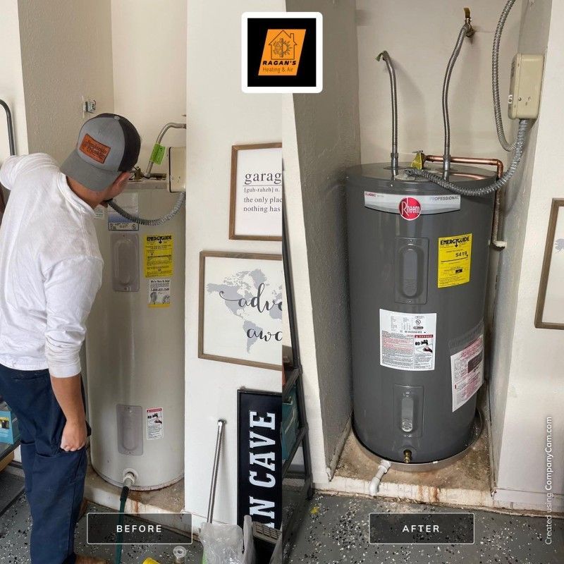 A before and after photo of a man installing a water heater