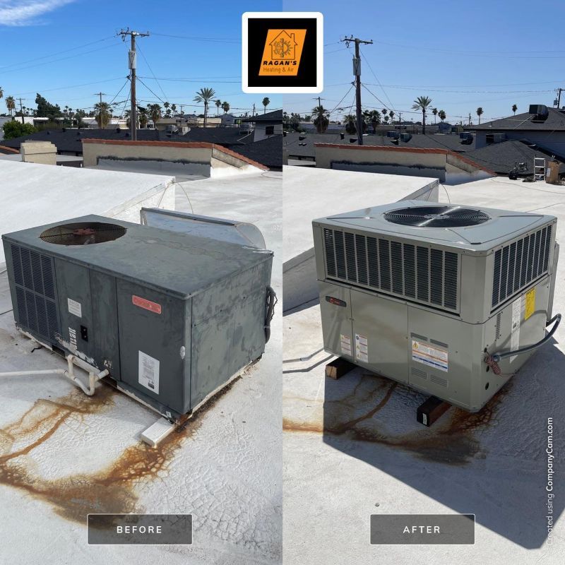 A before and after picture of an air conditioner on a roof