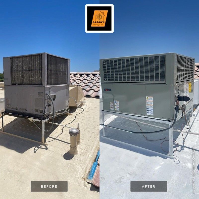 A before and after picture of an air conditioner on a roof