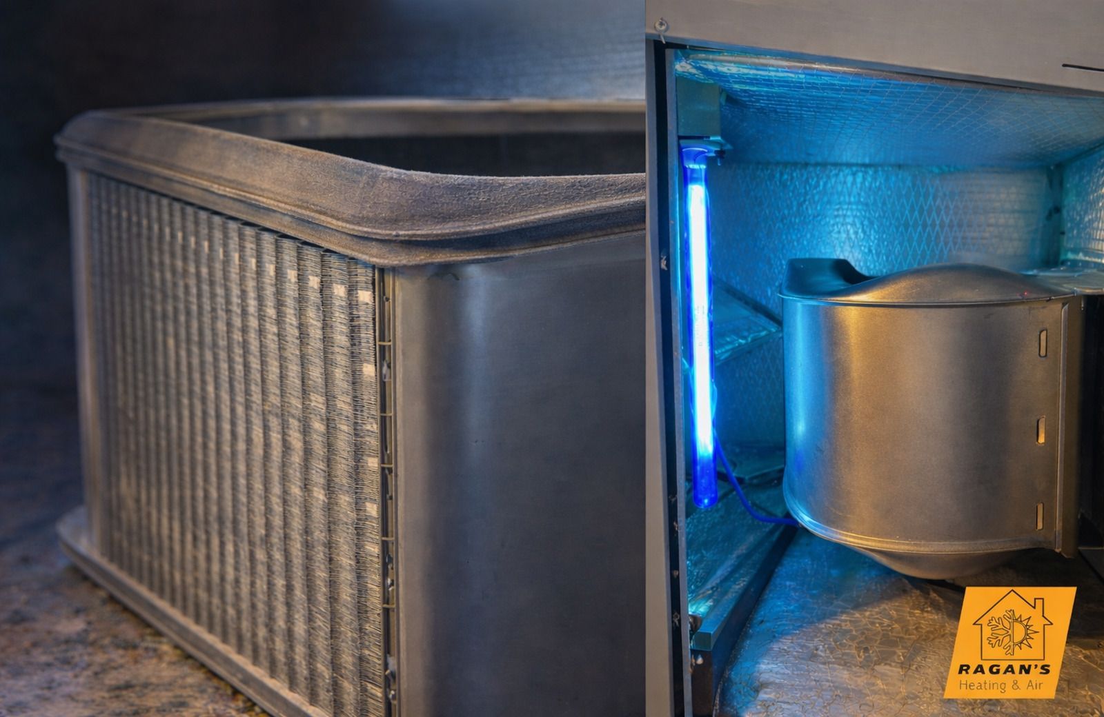 Air conditioning unit with a UV light for disinfection.