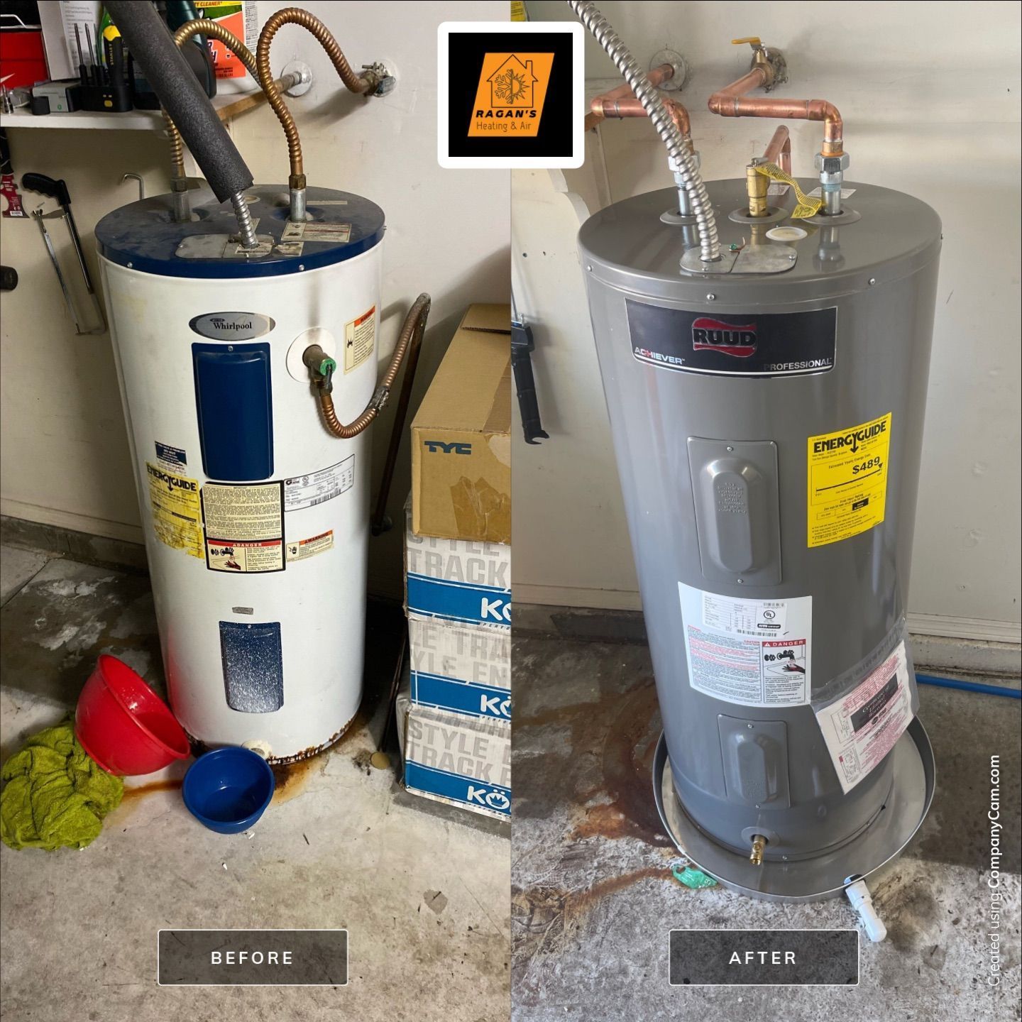 Comparison of a water heater before and after replacement, in a garage setting. The new unit is gray.