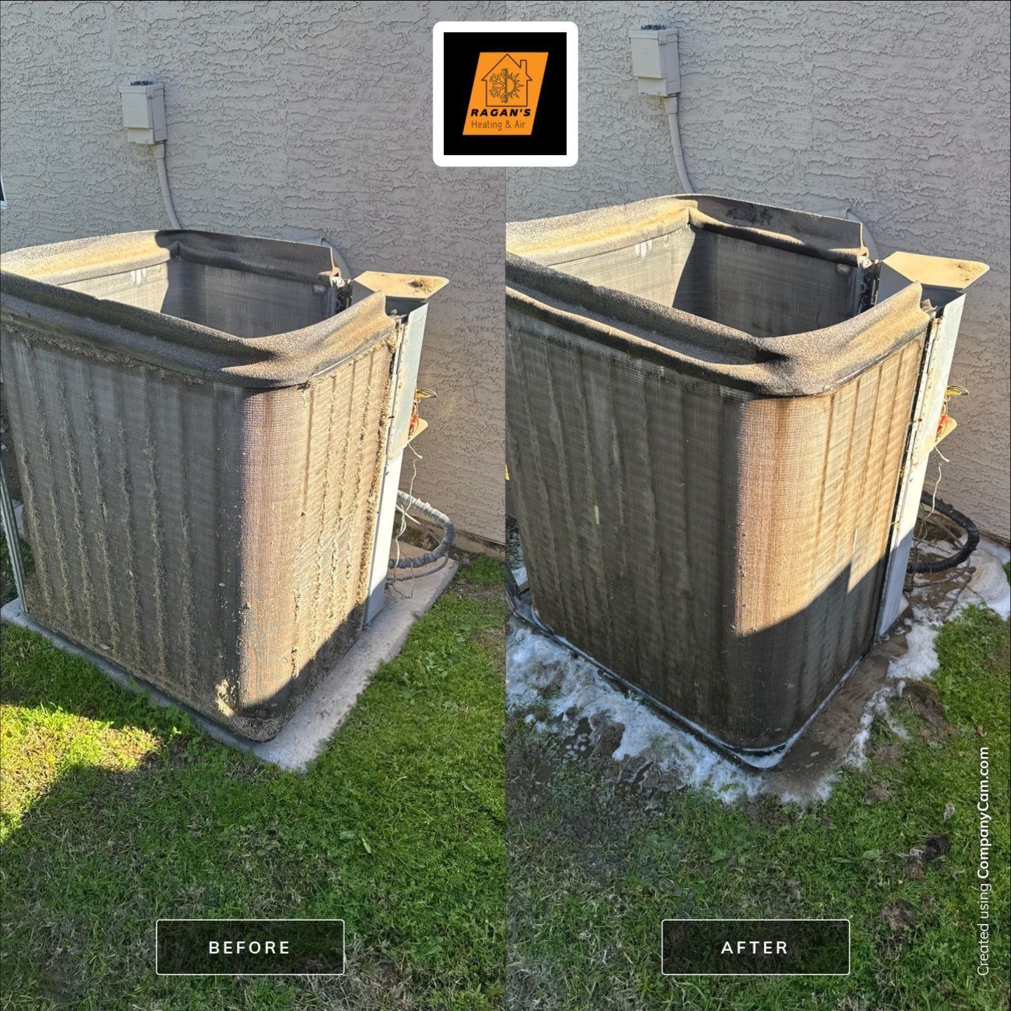 AC unit, before and after cleaning. Outdoor view, showing improved cleanliness of the unit.
