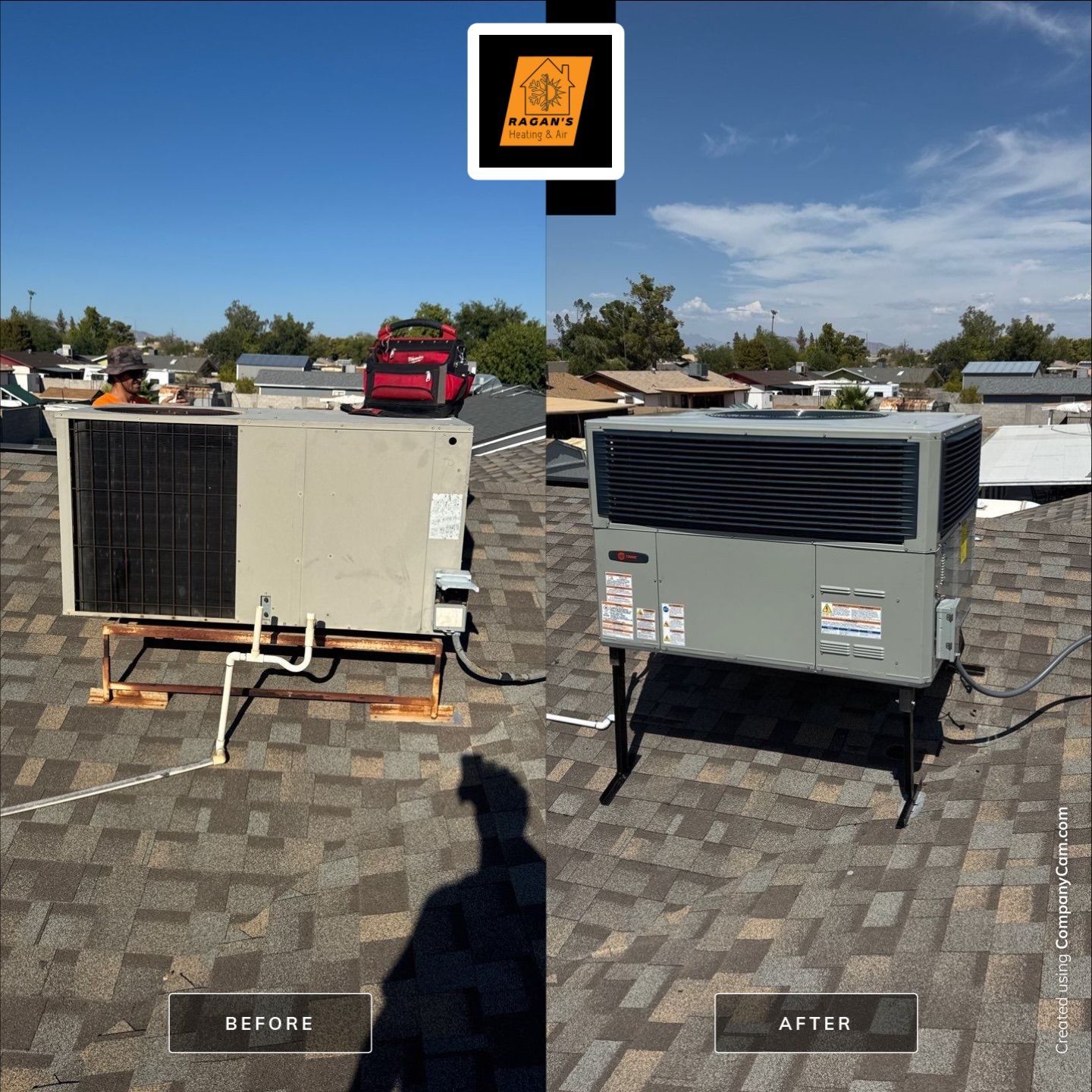 Comparison of an old and new AC unit on a rooftop, with a before/after split screen.