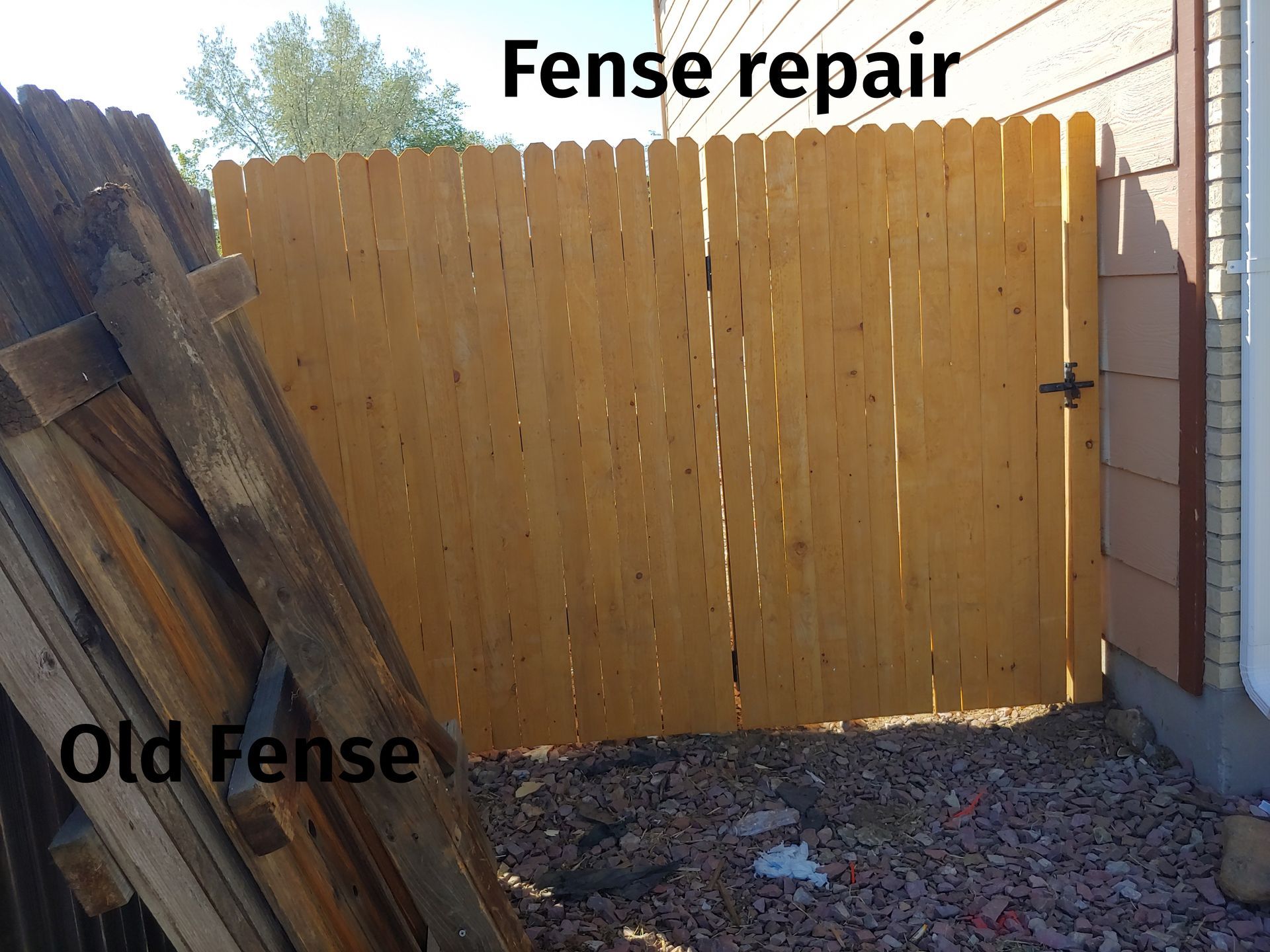 Fence repair: A new wooden fence gate next to the house, with old fence materials on the ground.