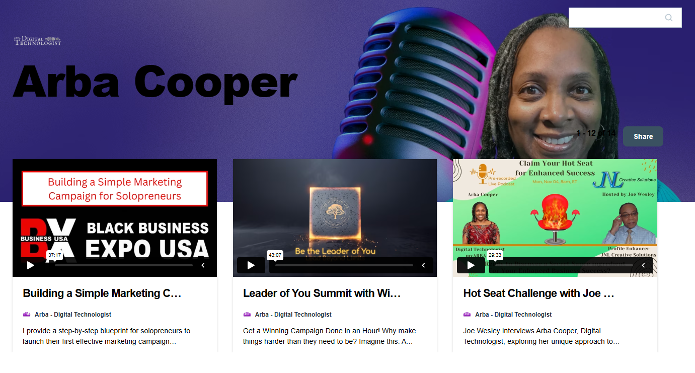 A woman is sitting in front of a microphone on a website.