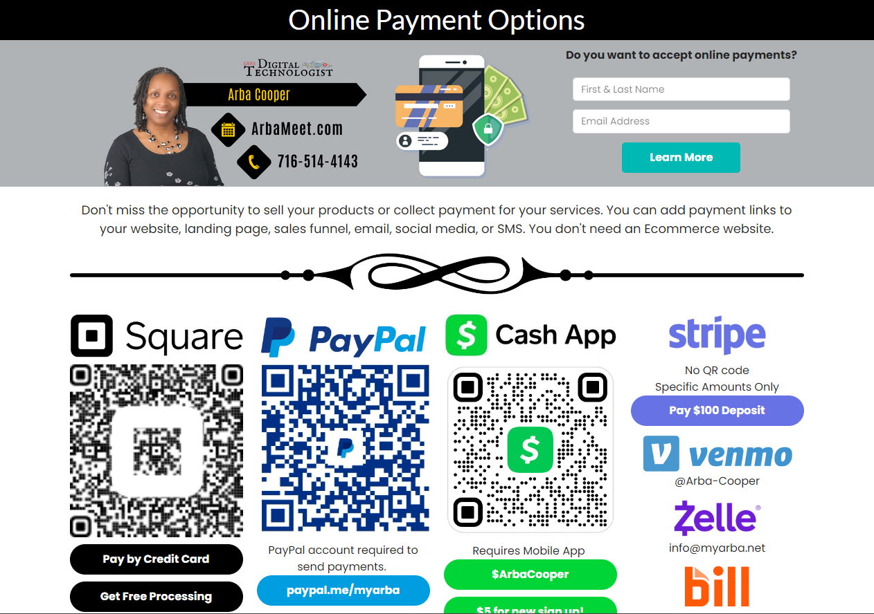 A screenshot of a website showing different payment options.