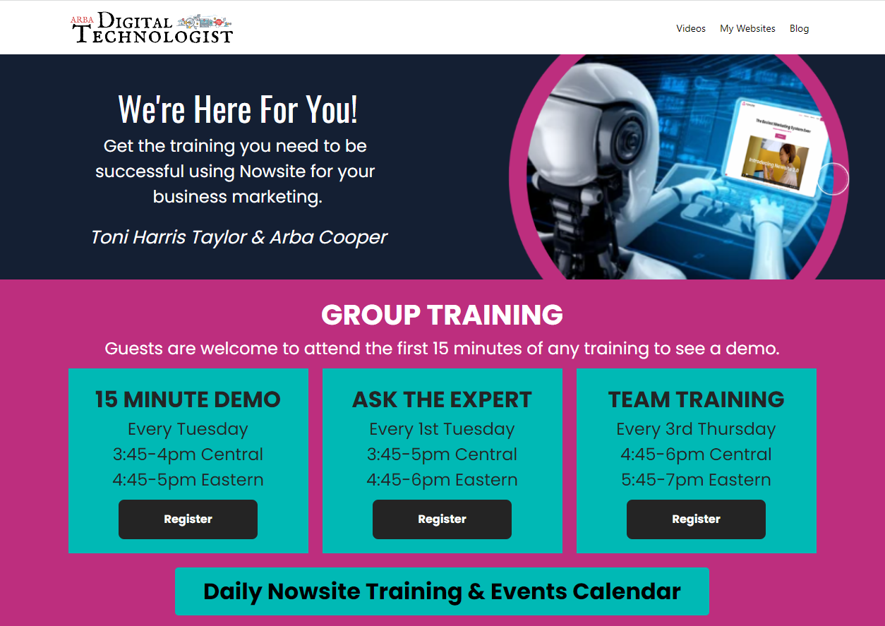 A screenshot of a website for a group training program.