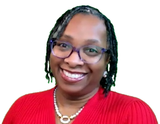 A woman wearing glasses and a red shirt is smiling for the camera.