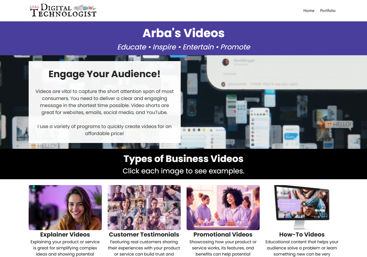 A screenshot of a website for a company called arba 's videos.