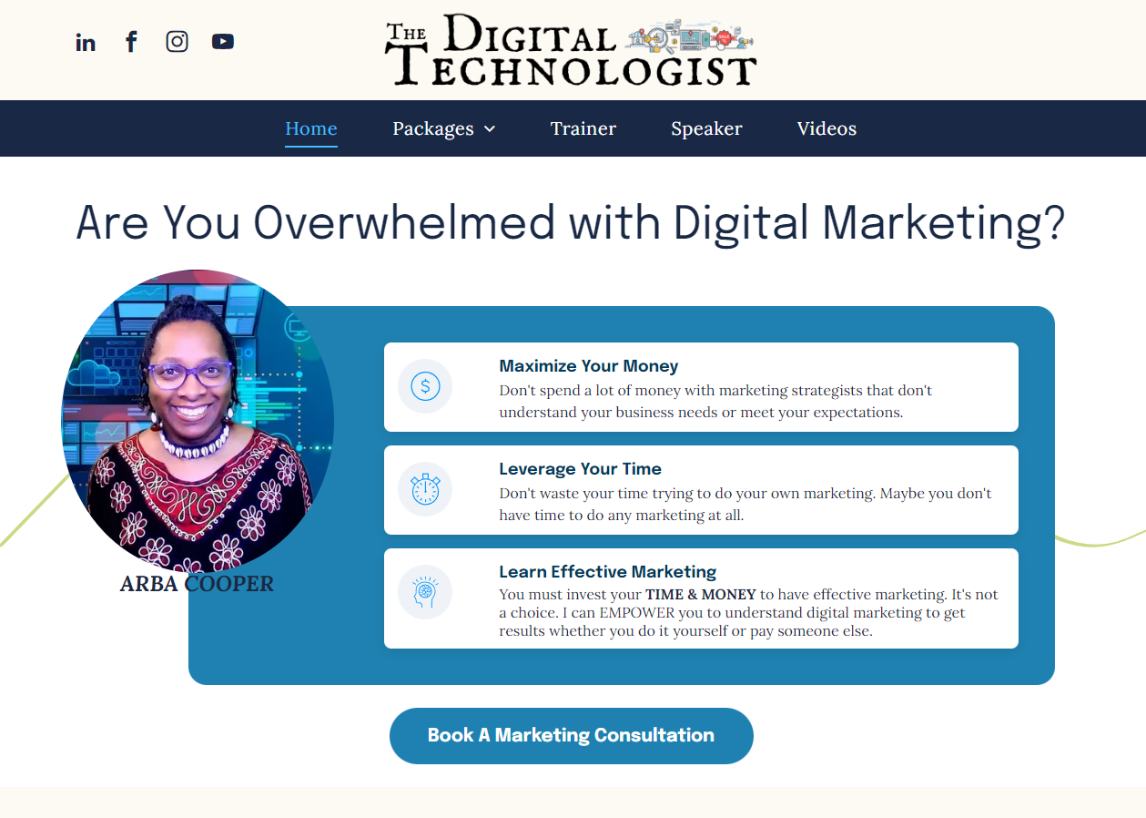 A screenshot of a digital technologist website asking if you are overwhelmed with digital marketing.