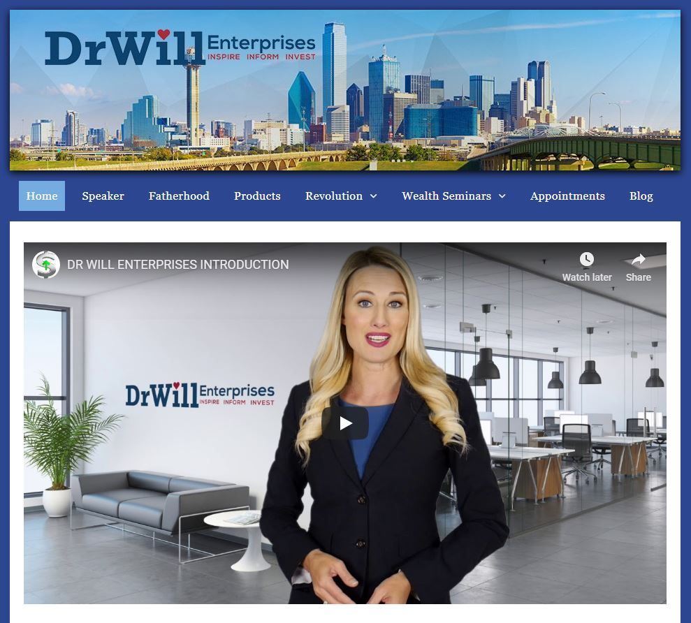 A woman is standing in front of a city skyline on the dr will enterprises website.