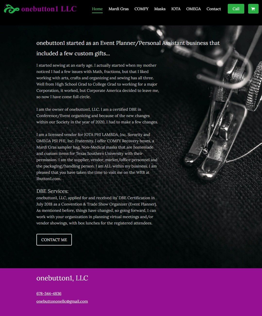 A purple website with a sewing machine on it
