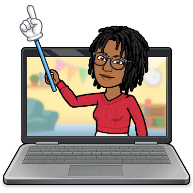 A cartoon woman is holding a stick in front of a laptop computer.