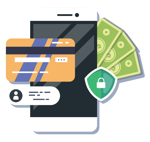 A cell phone with a credit card , money , and a shield.