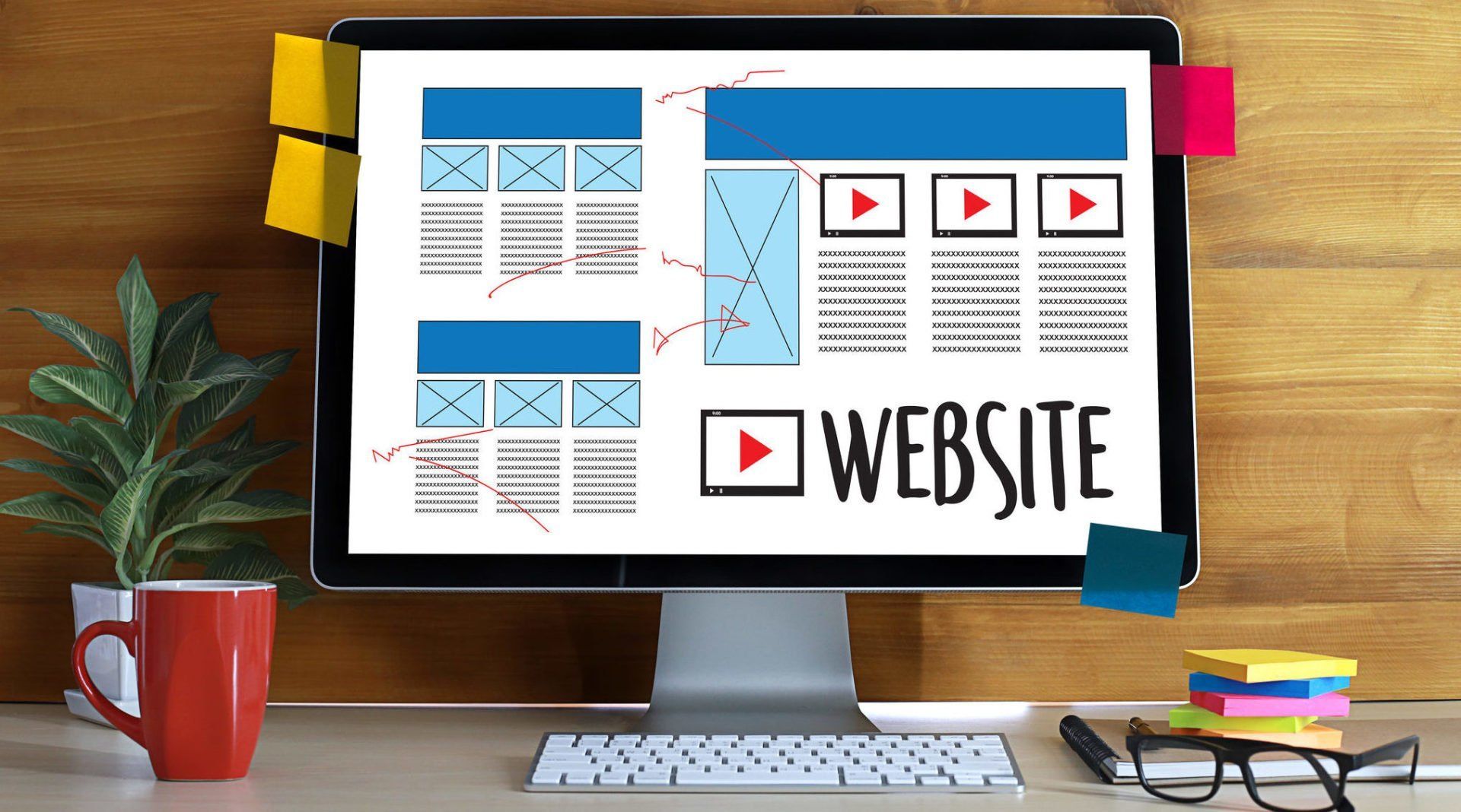 A computer monitor is sitting on top of a wooden desk.