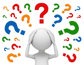 A 3d man is surrounded by colorful question marks